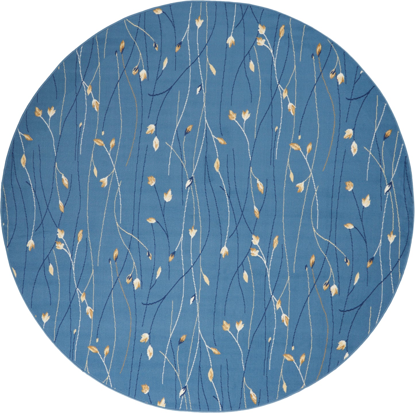 Round blue rug with delicate white and gold wavy vines and small leaf accents.