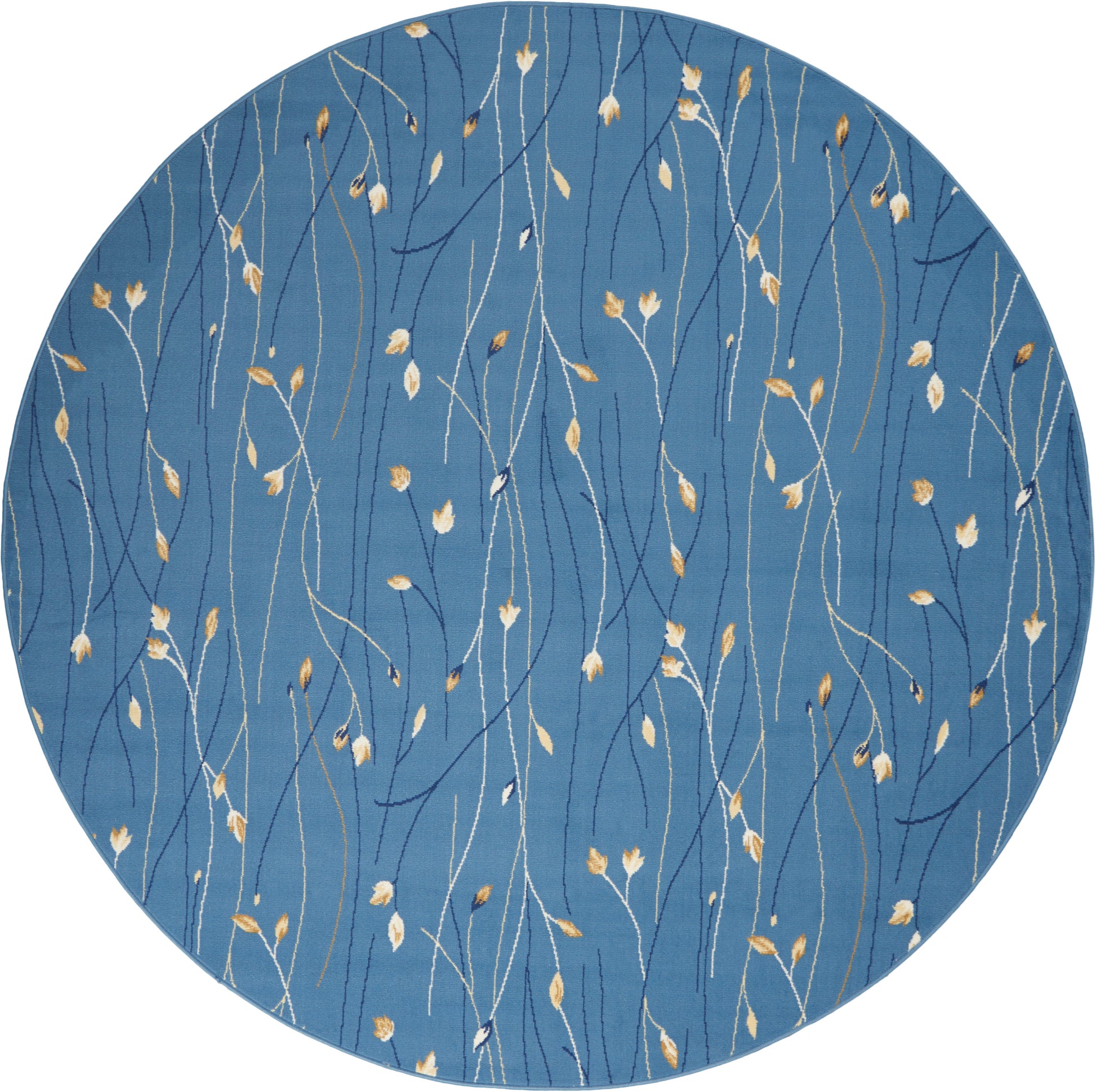 Round blue rug with delicate white and gold wavy vines and small leaf accents.
