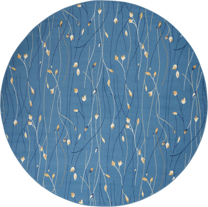 Round blue rug with delicate white and gold wavy vines and small leaf accents.