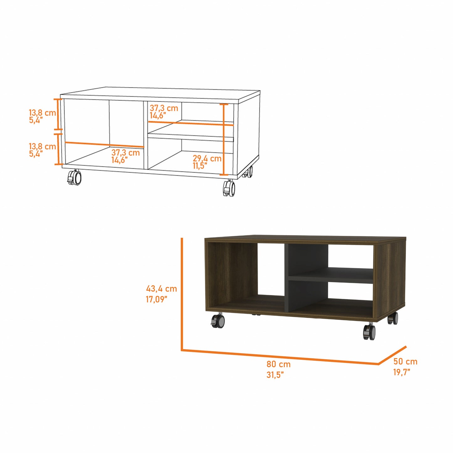 32" Brown And Black Coffee Table With Three Shelves