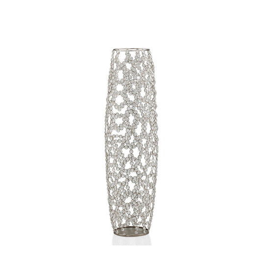 32" Silver Cylinder Crystal Glass Floor Vase With Faux Crystals