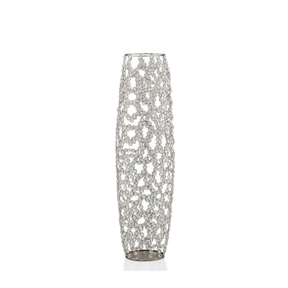 32" Silver Cylinder Crystal Glass Floor Vase With Faux Crystals