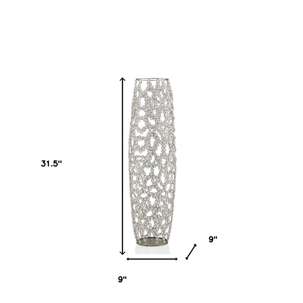 32" Silver Cylinder Crystal Glass Floor Vase With Faux Crystals