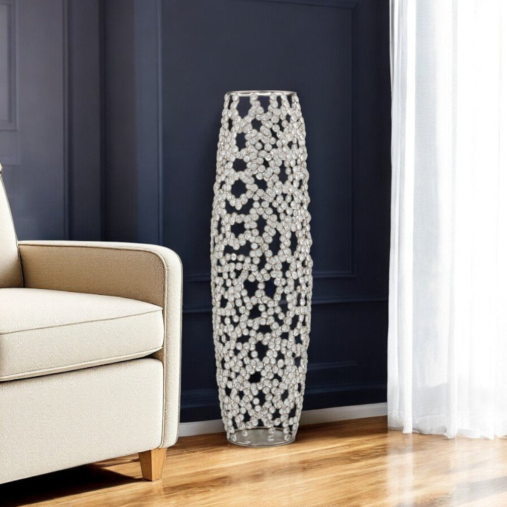 32" Silver Cylinder Crystal Glass Floor Vase With Faux Crystals