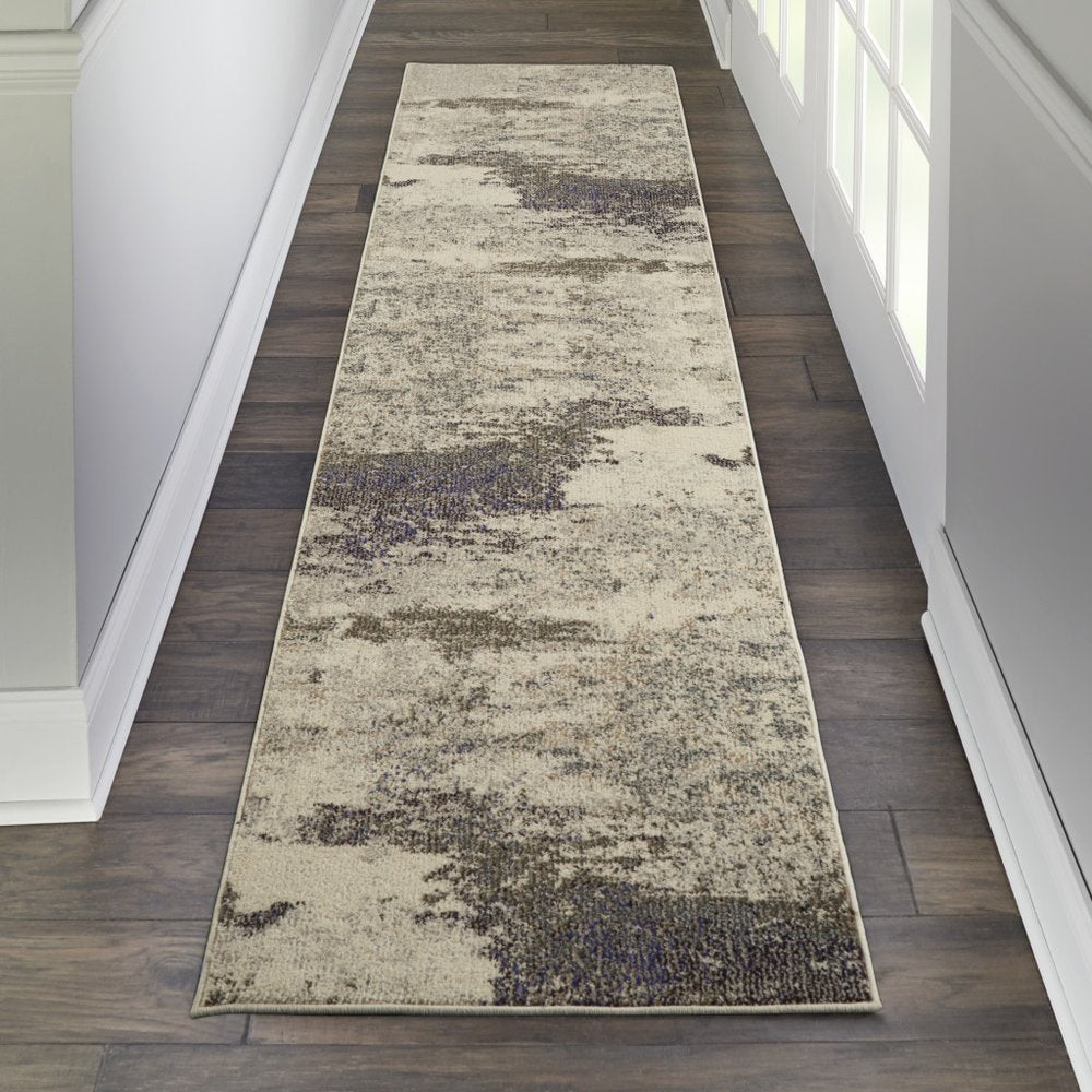2' X 6' Ivory And Grey Abstract Power Loom Non Skid Runner Rug