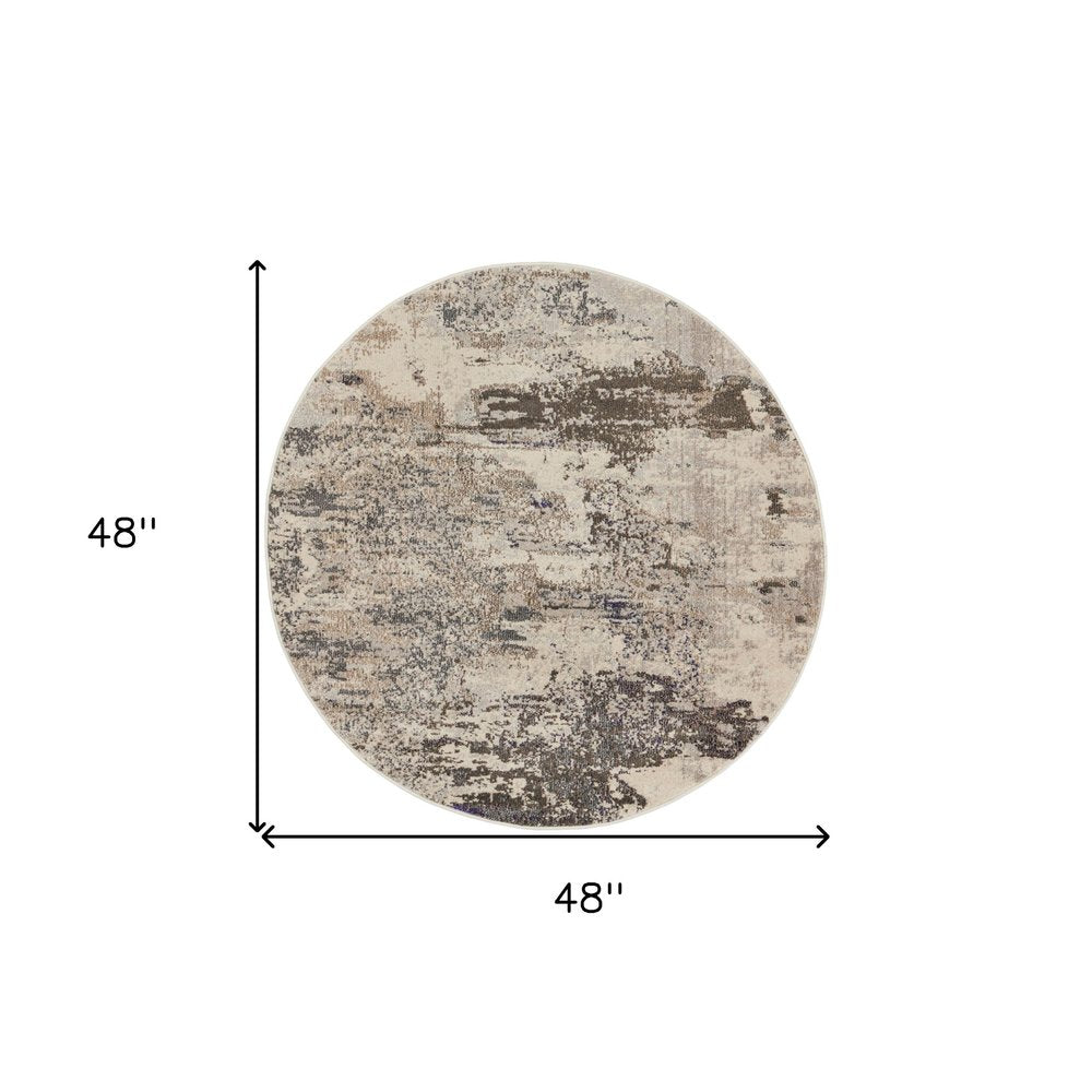 4' X 4' Ivory And Grey Round Abstract Power Loom Non Skid Area Rug