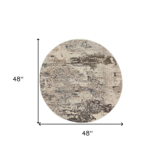 4' X 4' Ivory And Grey Round Abstract Power Loom Non Skid Area Rug
