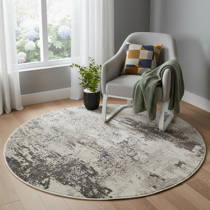 4' X 4' Ivory And Grey Round Abstract Power Loom Non Skid Area Rug