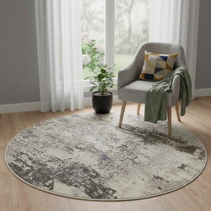 5' X 5' Ivory And Grey Round Abstract Power Loom Non Skid Area Rug