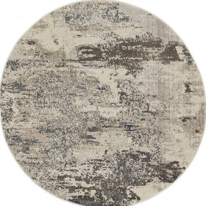 5' X 5' Ivory And Grey Round Abstract Power Loom Non Skid Area Rug