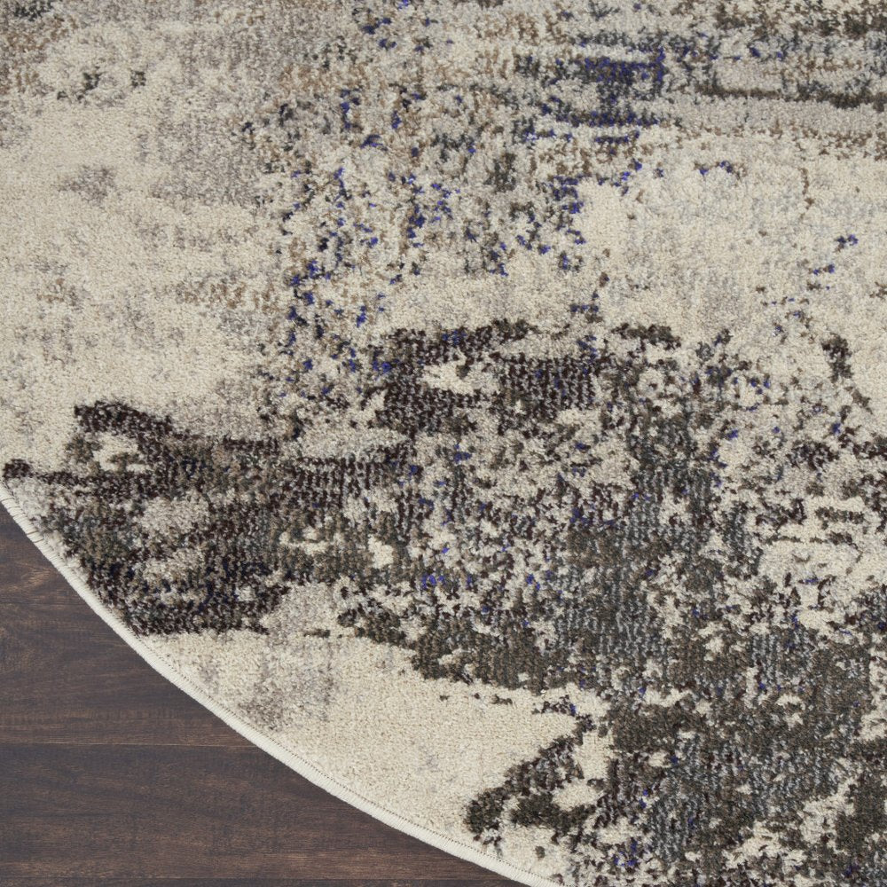 8' X 8' Ivory And Grey Round Abstract Power Loom Non Skid Area Rug