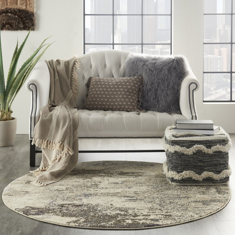 8' X 8' Ivory And Grey Round Abstract Power Loom Non Skid Area Rug