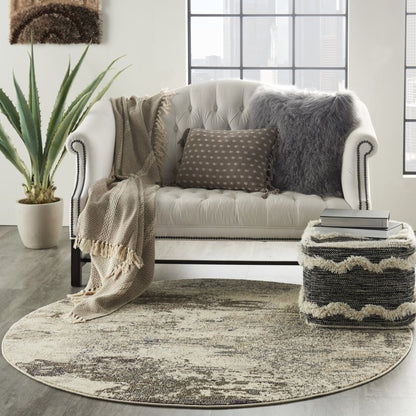 8' X 8' Ivory And Grey Round Abstract Power Loom Non Skid Area Rug
