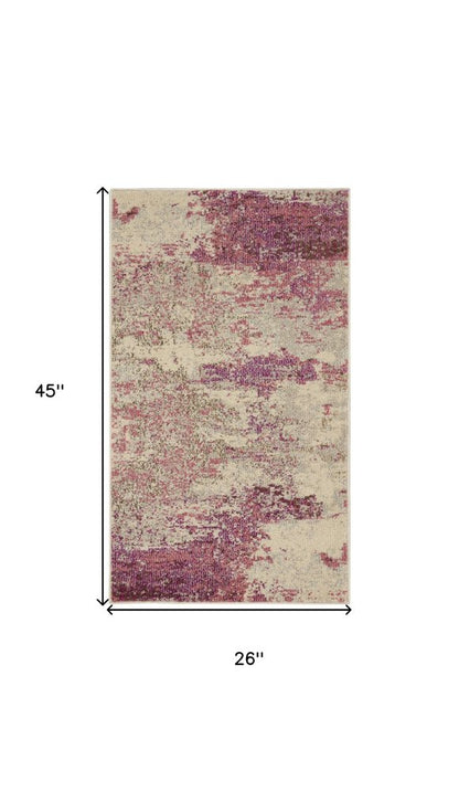 2' X 4' Ivory And Pink Abstract Power Loom Non Skid Area Rug