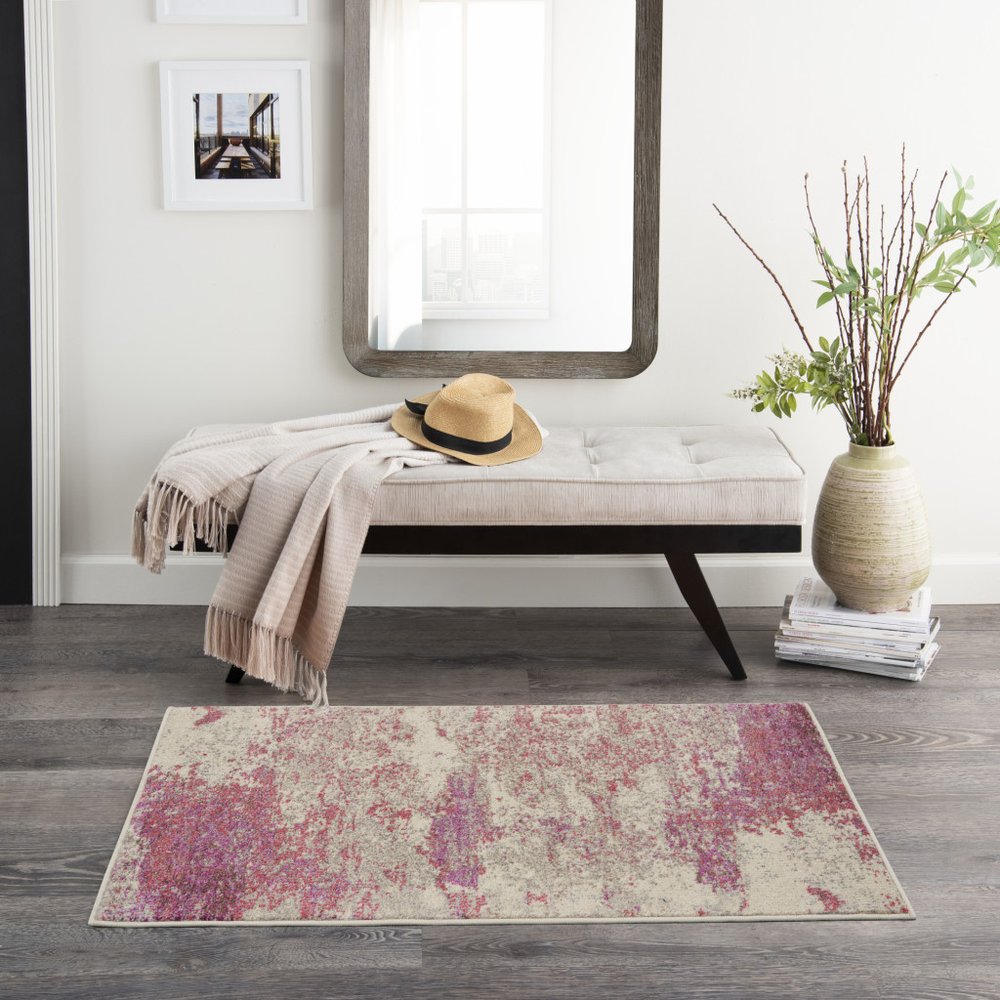 2' X 4' Ivory And Pink Abstract Power Loom Non Skid Area Rug