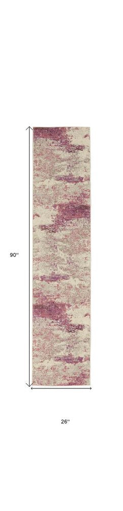 2' X 8' Ivory And Pink Abstract Power Loom Non Skid Runner Rug