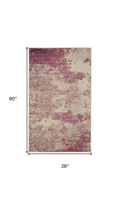 3' X 5' Ivory And Pink Abstract Power Loom Non Skid Area Rug