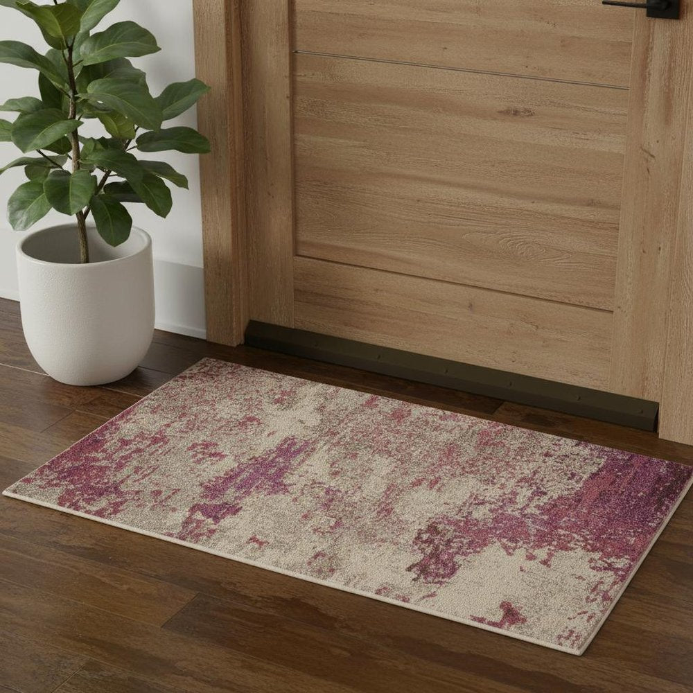 3' X 5' Ivory And Pink Abstract Power Loom Non Skid Area Rug