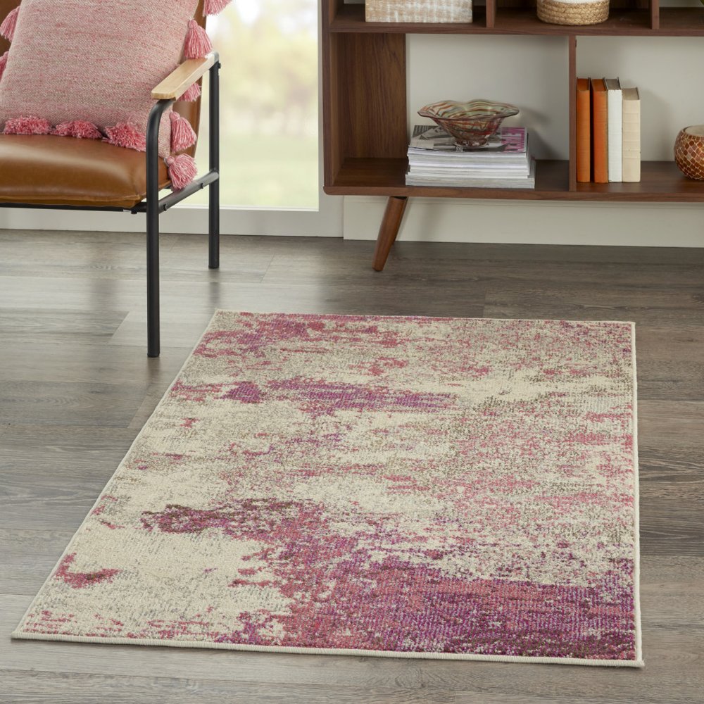 3' X 5' Ivory And Pink Abstract Power Loom Non Skid Area Rug