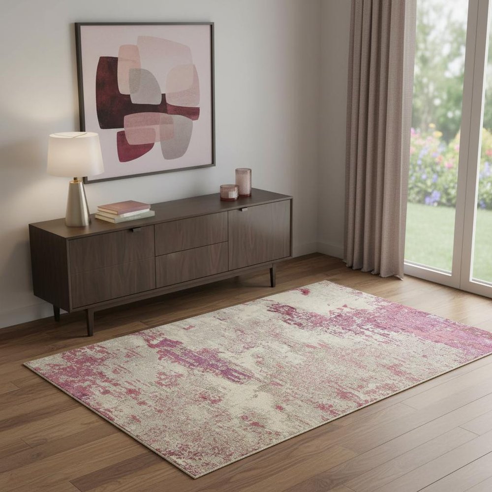 4' X 6' Ivory And Pink Abstract Power Loom Non Skid Area Rug