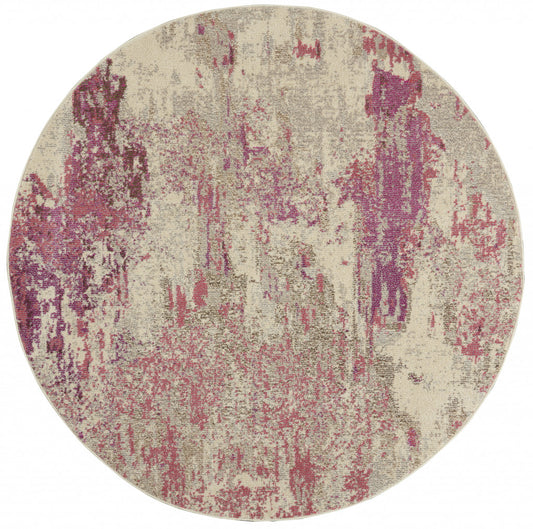 4' X 4' Ivory And Pink Round Abstract Power Loom Non Skid Area Rug