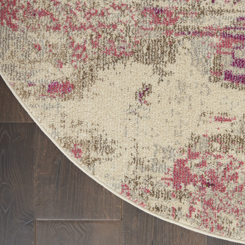 4' X 4' Ivory And Pink Round Abstract Power Loom Non Skid Area Rug
