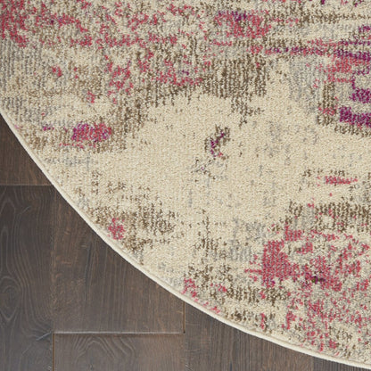 4' X 4' Ivory And Pink Round Abstract Power Loom Non Skid Area Rug