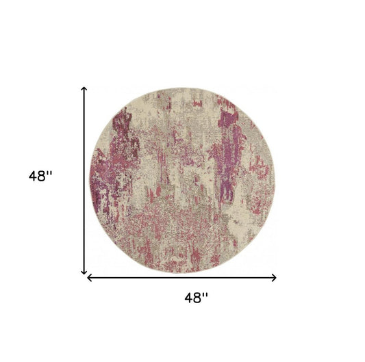 4' X 4' Ivory And Pink Round Abstract Power Loom Non Skid Area Rug