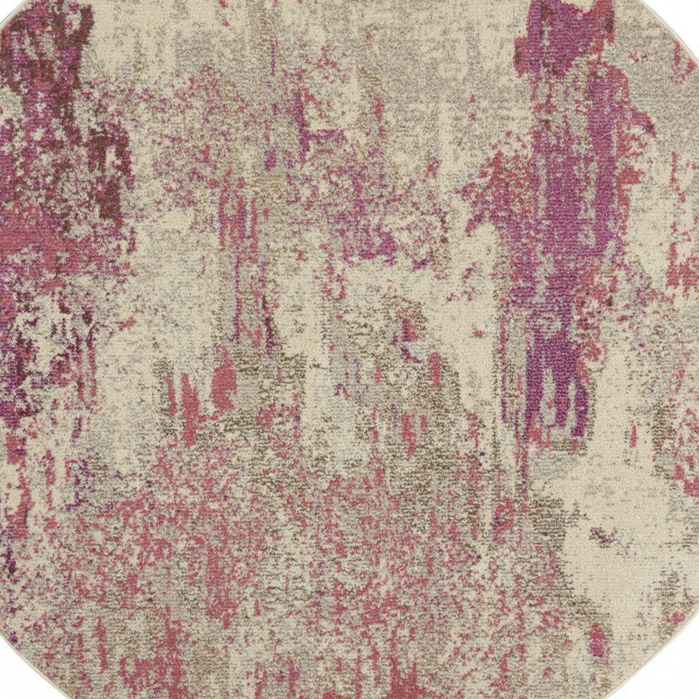 4' X 4' Ivory And Pink Round Abstract Power Loom Non Skid Area Rug