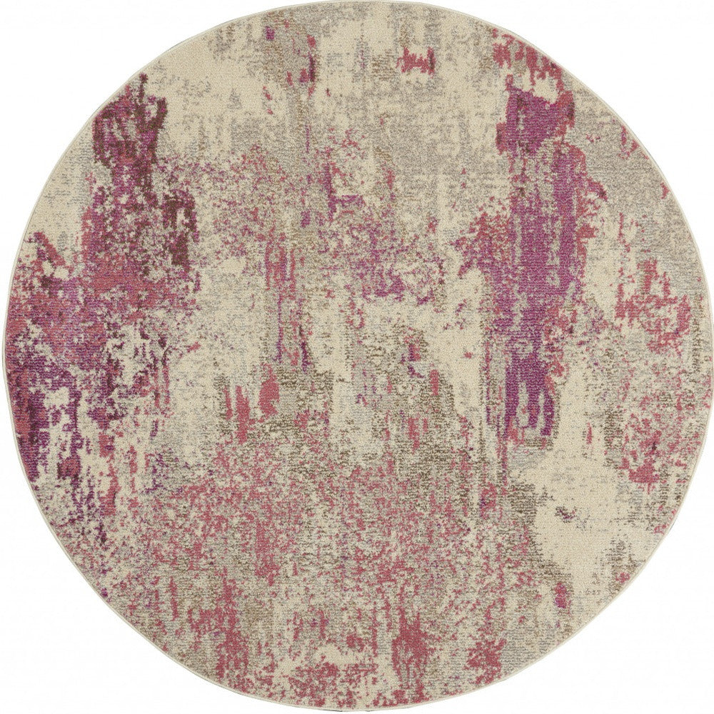 4' X 4' Ivory And Pink Round Abstract Power Loom Non Skid Area Rug