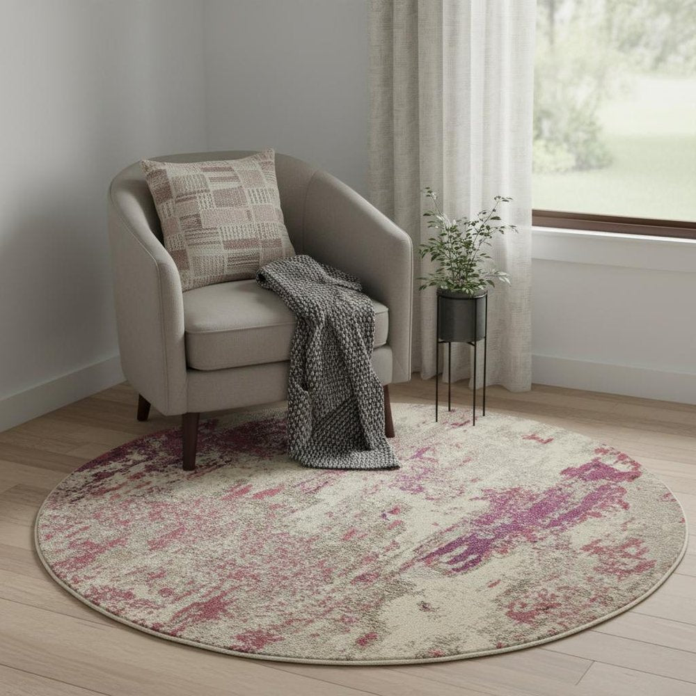 4' X 4' Ivory And Pink Round Abstract Power Loom Non Skid Area Rug