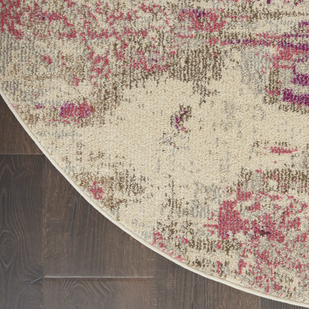 5' X 5' Ivory And Pink Round Abstract Power Loom Non Skid Area Rug