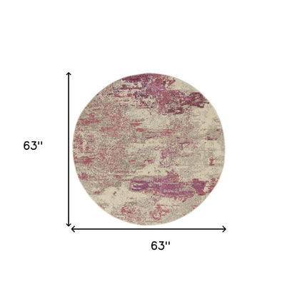 5' X 5' Ivory And Pink Round Abstract Power Loom Non Skid Area Rug