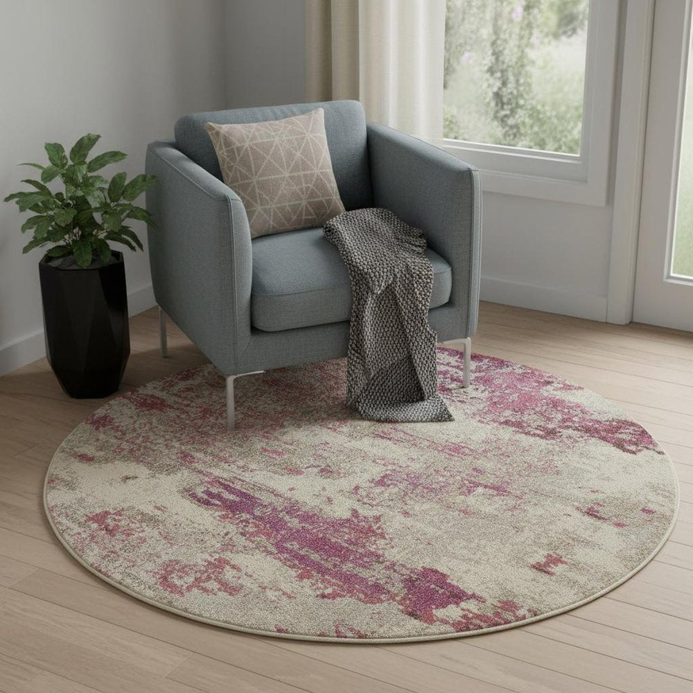5' X 5' Ivory And Pink Round Abstract Power Loom Non Skid Area Rug