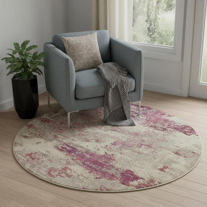 5' X 5' Ivory And Pink Round Abstract Power Loom Non Skid Area Rug