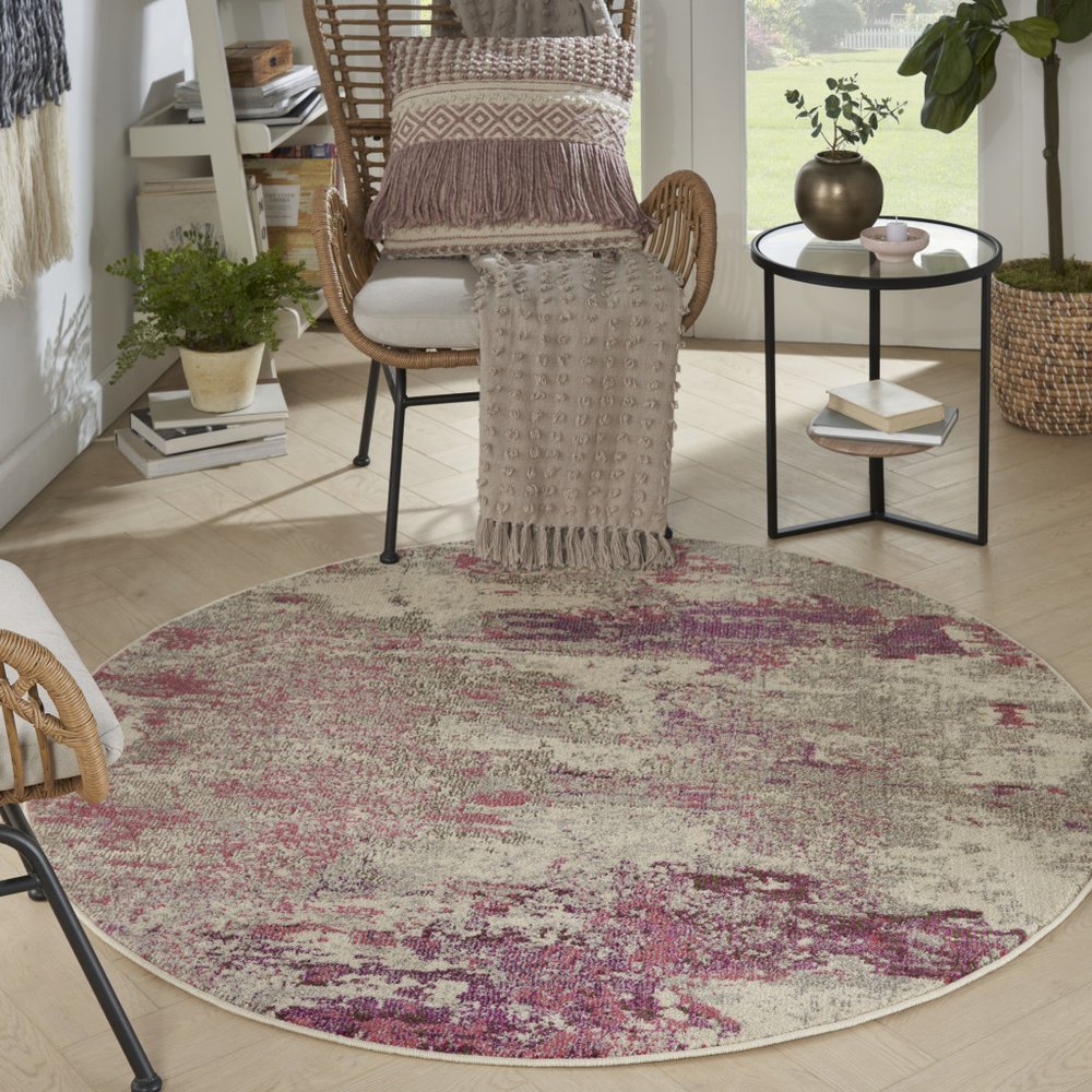 5' X 5' Ivory And Pink Round Abstract Power Loom Non Skid Area Rug