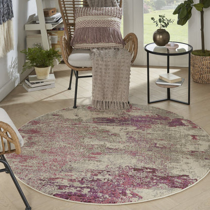 5' X 5' Ivory And Pink Round Abstract Power Loom Non Skid Area Rug