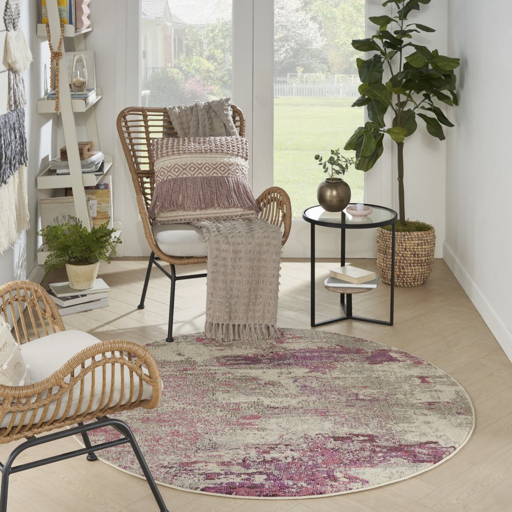 5' X 5' Ivory And Pink Round Abstract Power Loom Non Skid Area Rug