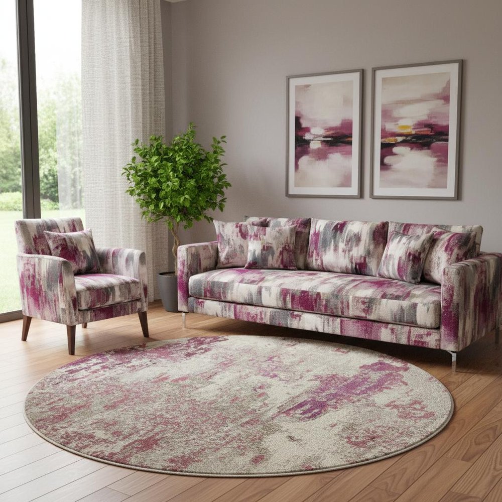 8' X 8' Ivory And Pink Round Abstract Power Loom Non Skid Area Rug