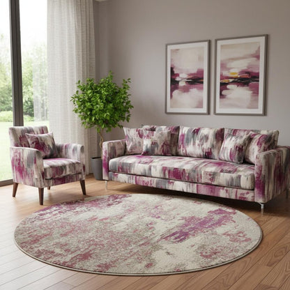 8' X 8' Ivory And Pink Round Abstract Power Loom Non Skid Area Rug