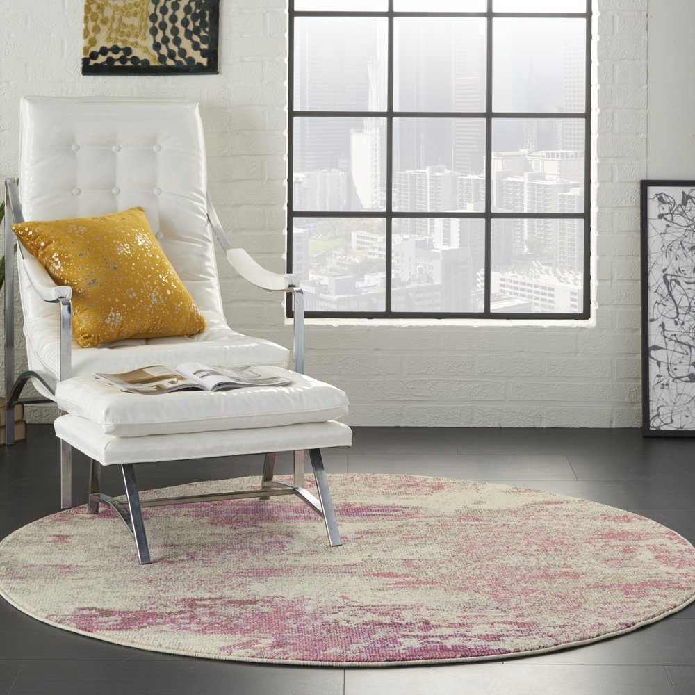8' X 8' Ivory And Pink Round Abstract Power Loom Non Skid Area Rug