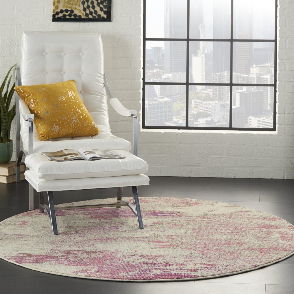 8' X 8' Ivory And Pink Round Abstract Power Loom Non Skid Area Rug