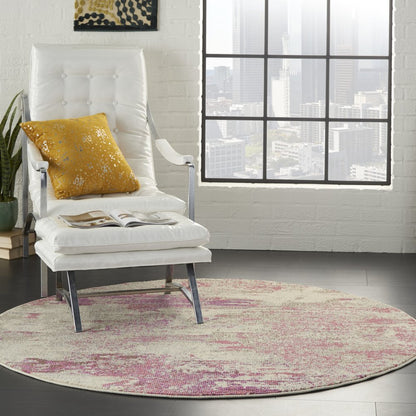 8' X 8' Ivory And Pink Round Abstract Power Loom Non Skid Area Rug