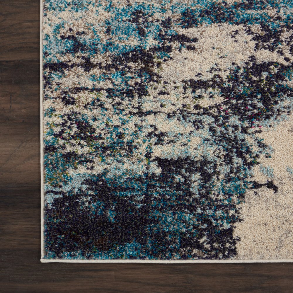 2' X 6' Ivory And Teal Blue Abstract Power Loom Non Skid Runner Rug
