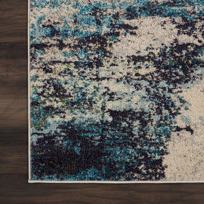 2' X 6' Ivory And Teal Blue Abstract Power Loom Non Skid Runner Rug