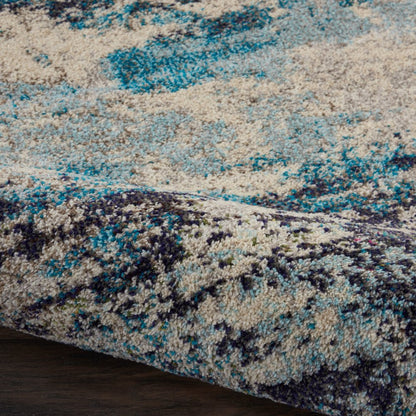 2' X 6' Ivory And Teal Blue Abstract Power Loom Non Skid Runner Rug