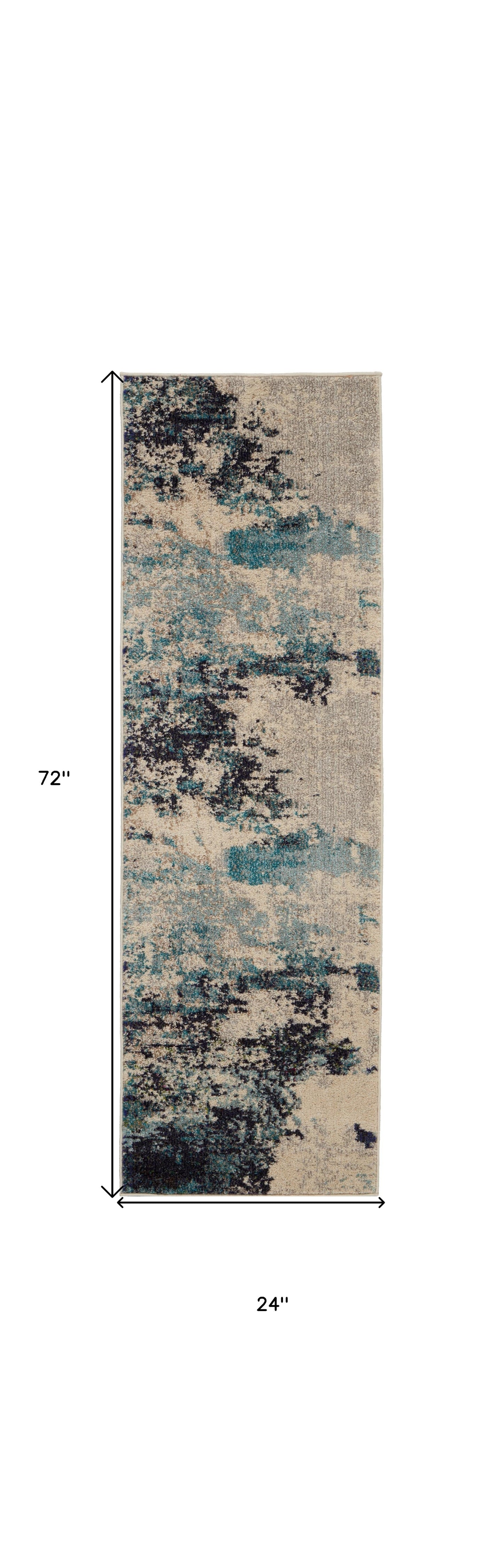 2' X 6' Ivory And Teal Blue Abstract Power Loom Non Skid Runner Rug