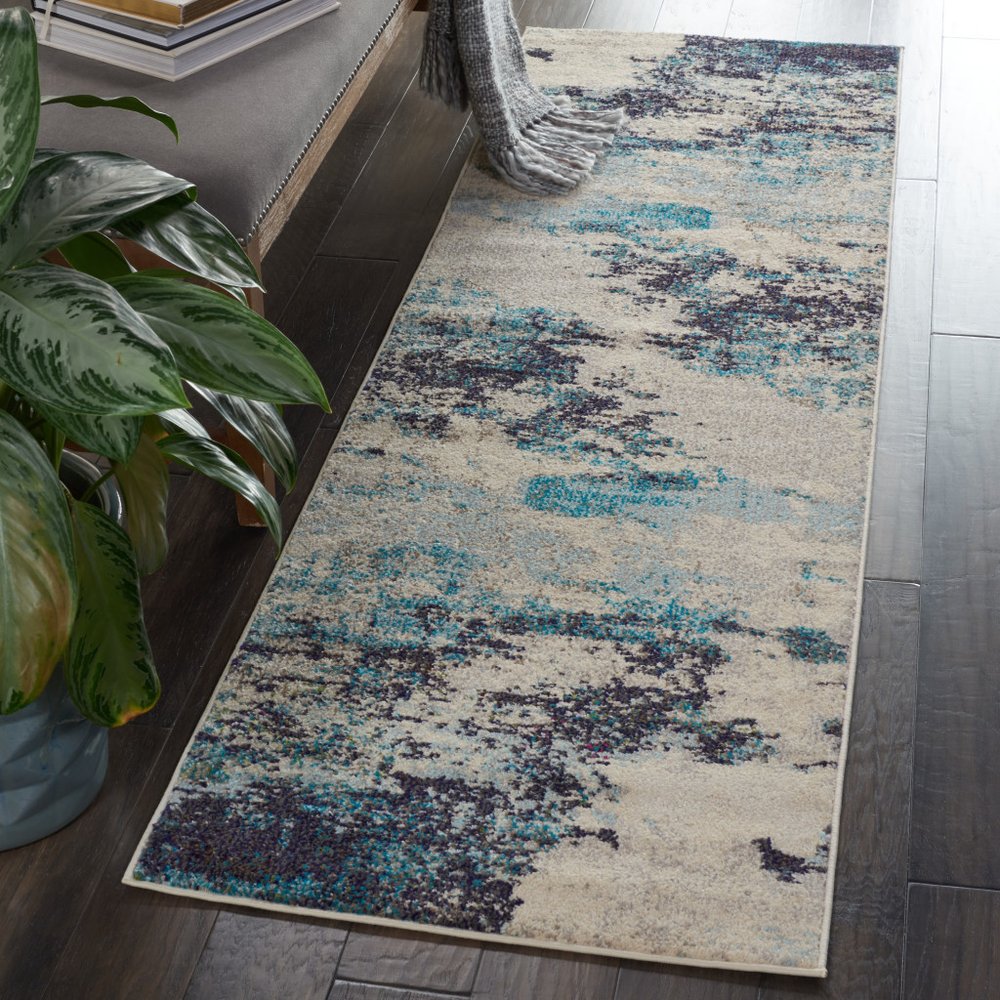 2' X 6' Ivory And Teal Blue Abstract Power Loom Non Skid Runner Rug