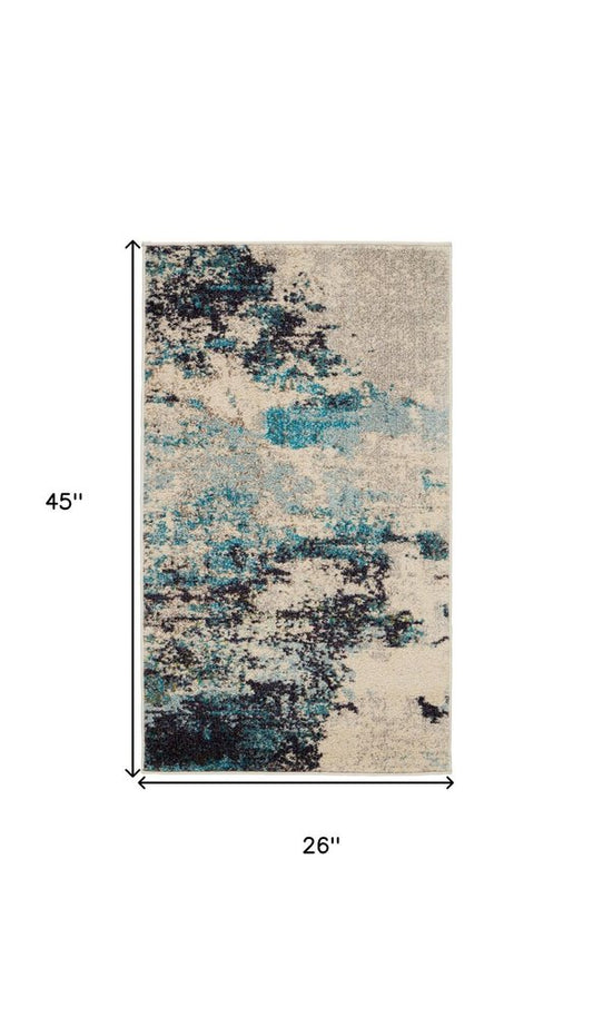 2' X 4' Ivory And Teal Blue Abstract Power Loom Non Skid Area Rug