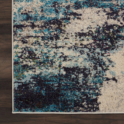 2' X 8' Ivory And Teal Blue Abstract Power Loom Non Skid Runner Rug